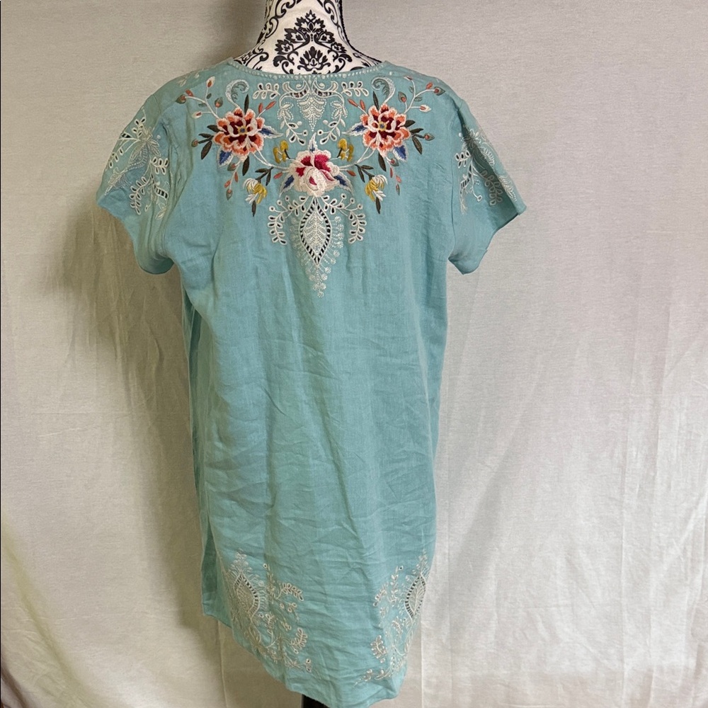 Johnny Was Turquoise Embroidered Mini Dress with Pink & Green Floral Detail - Picture 7 of 14